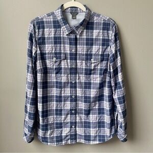 Eddie Bauer Button Up Camp Shirt Women's Large Plaid Blue Lilac Purple Hiking